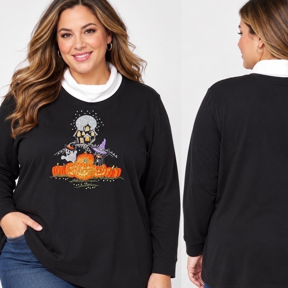 Quacker Factory 3X Mock Neck Halloween Pumpkin Cat Rhinestone Embroidered Top